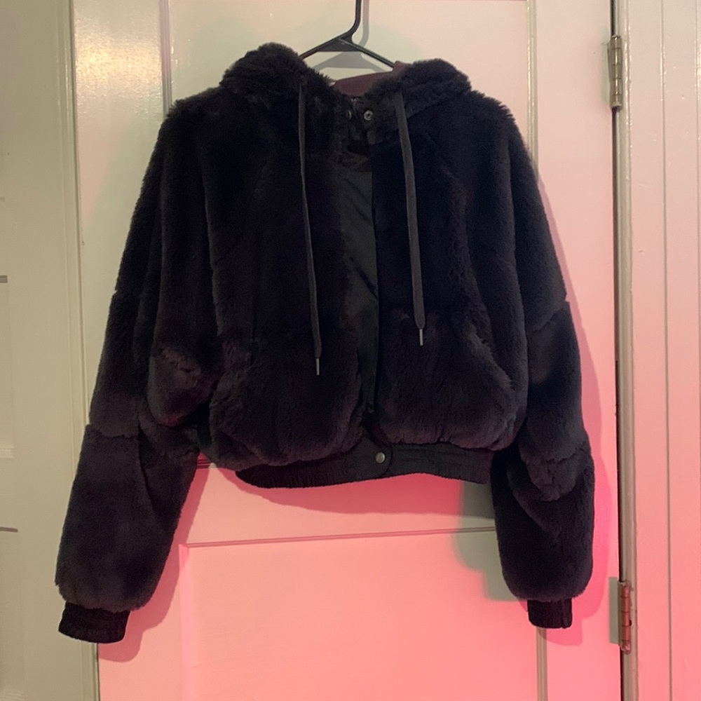 Free People Soft & Fuzzy Bomber Hoodie in navy